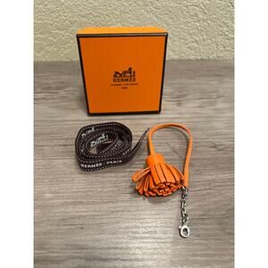 Hermes Leather Tassel Keychain Bag Charm Orange With Box and Ribbon
